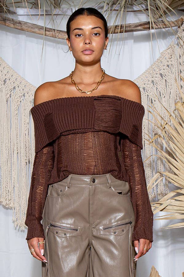 Laddered Off-Shoulder Ribbed Knit Sweater