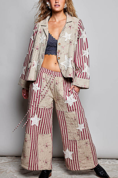Preorder - Over the Moon Striped Lace Star Patchwork Quilted Waistband Wide Leg Pants