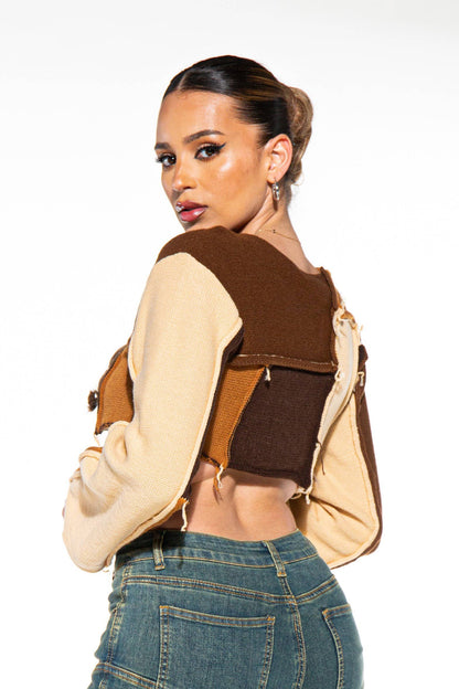 Raw Edge Color Block Cropped Knit Sweater
