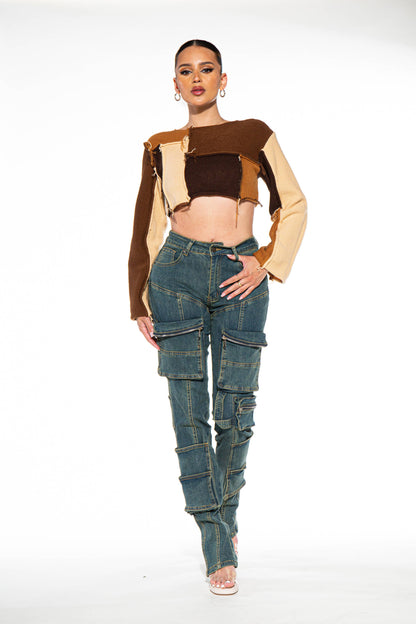 Raw Edge Color Block Cropped Knit Sweater