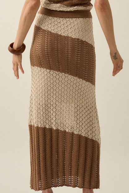Colorblock Striped Crochet-Knit Maxi Sweater Skirt