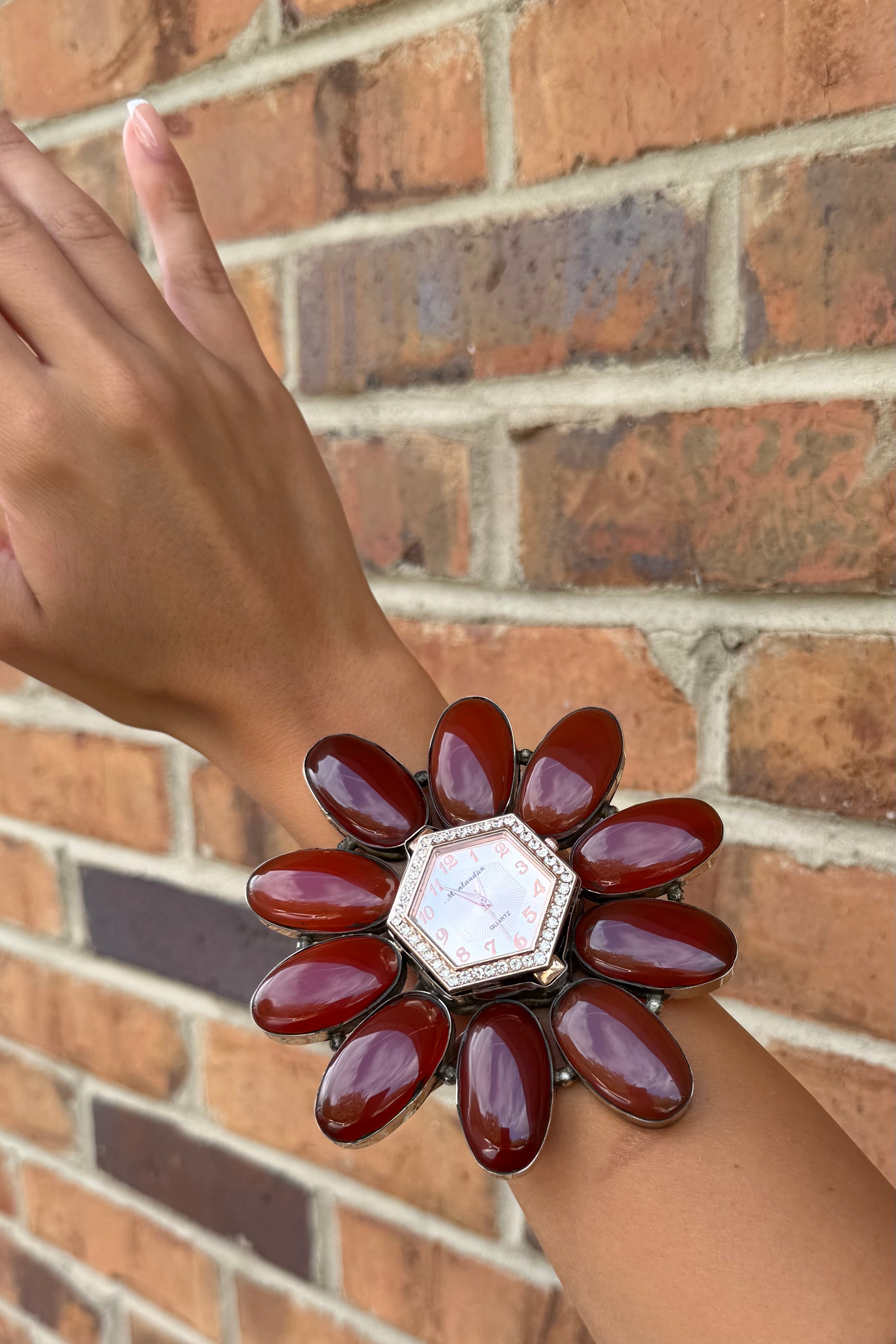 QUARTZ Bedazzled Watch Cuff/Red Stone