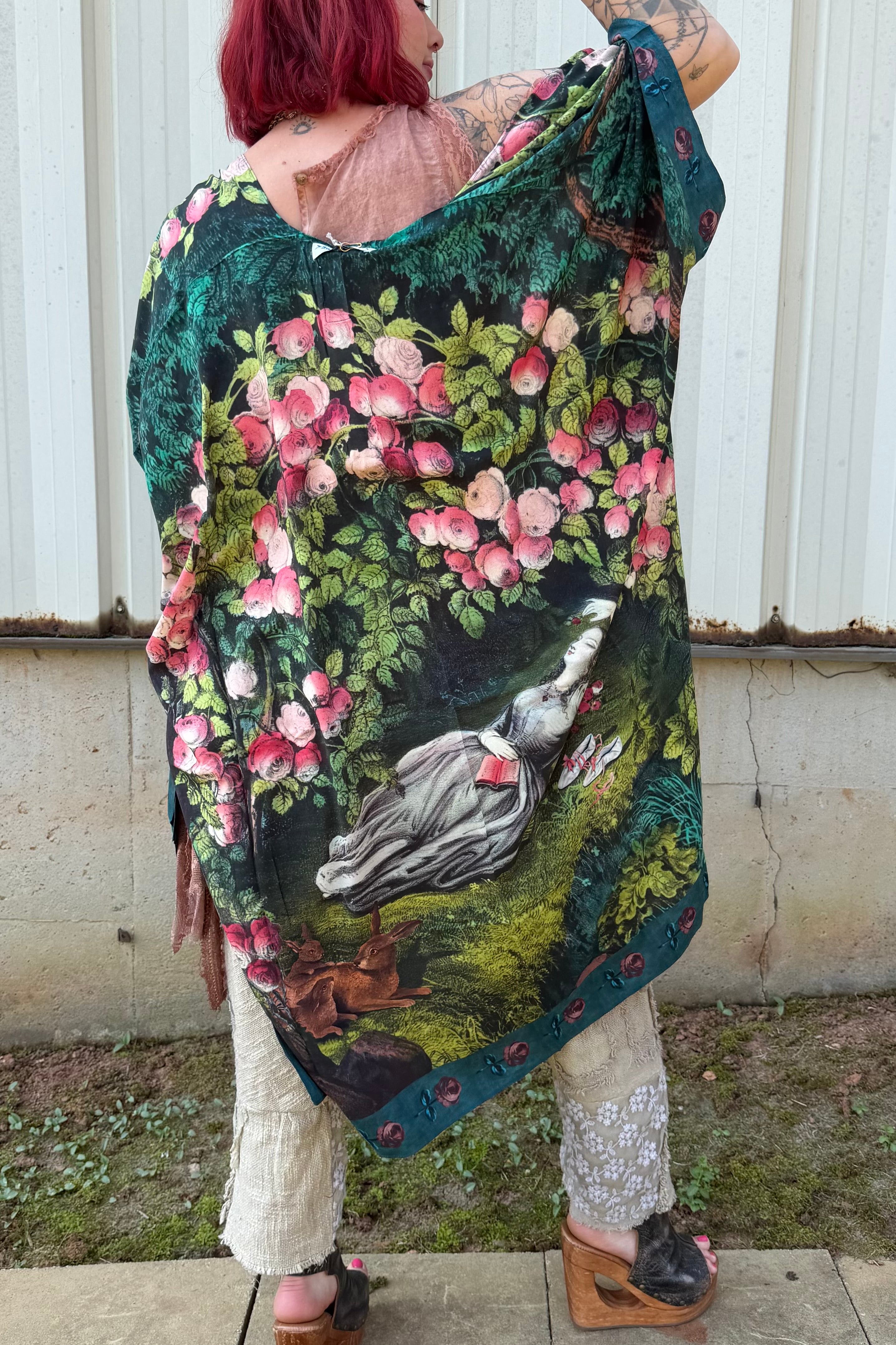 FINAL SALE The Daydreamer Goddess Duster Kimono w/ Roses & Rabbits