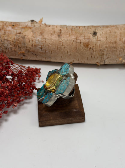 Turquoise & Gold Tick Tock Watch Ring 4