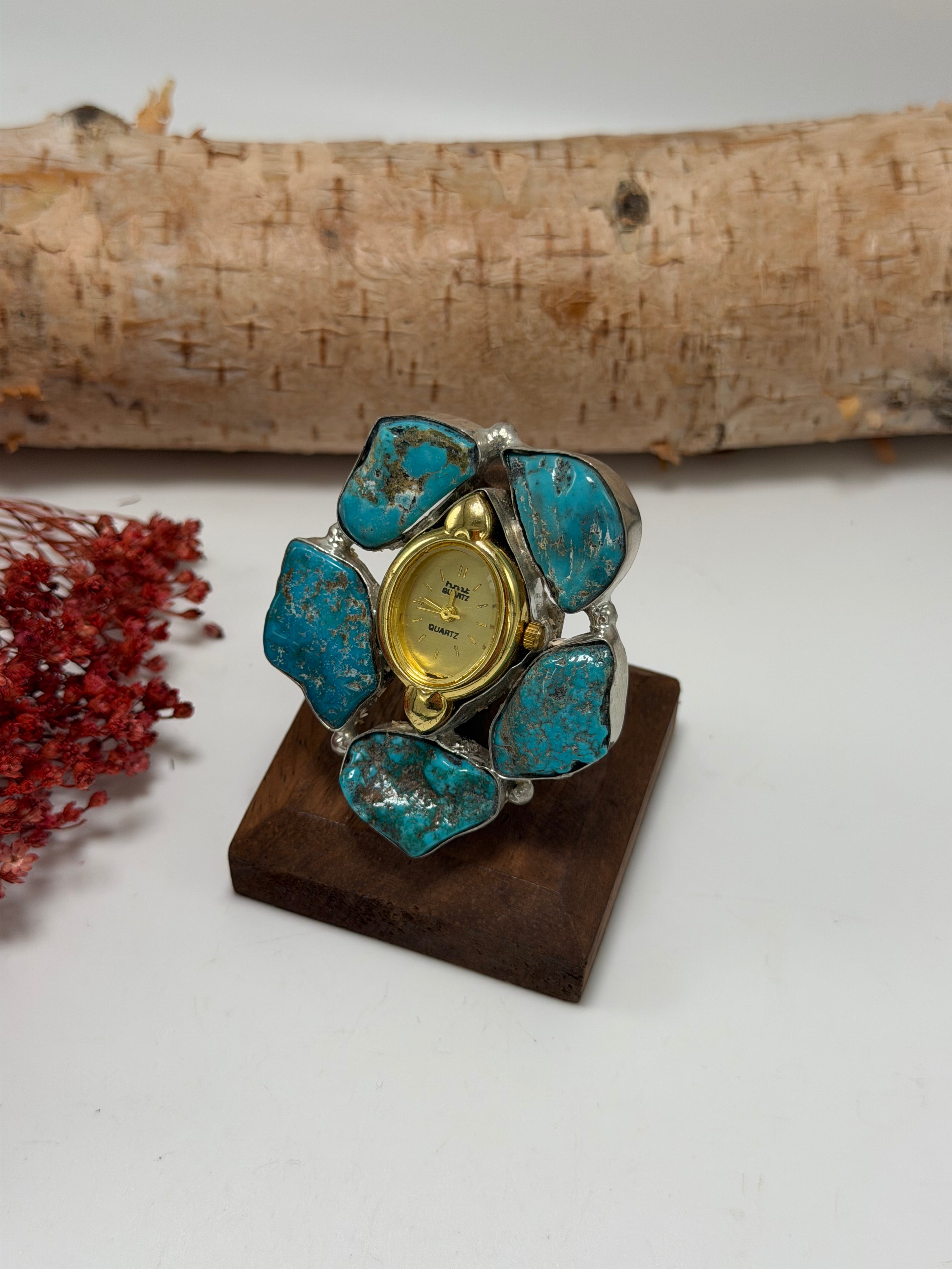 Turquoise & Gold Tick Tock Watch Ring 2