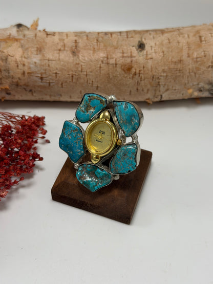 Turquoise & Gold Tick Tock Watch Ring 2