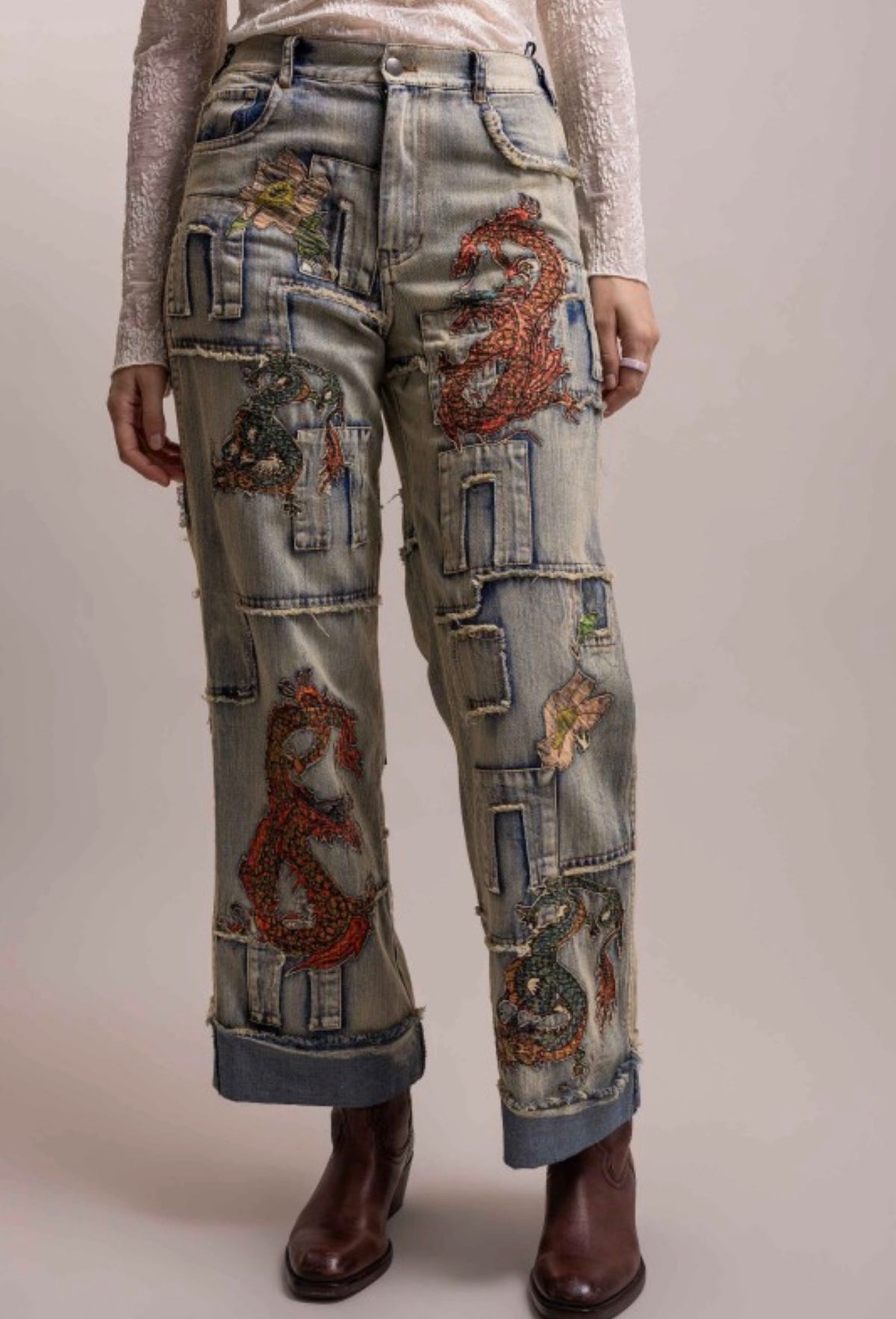 Preorder Shipping 12/15 - Dragon Patchwork Straight Leg Pant