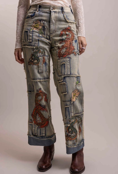 Preorder Shipping 12/15 - Dragon Patchwork Straight Leg Pant