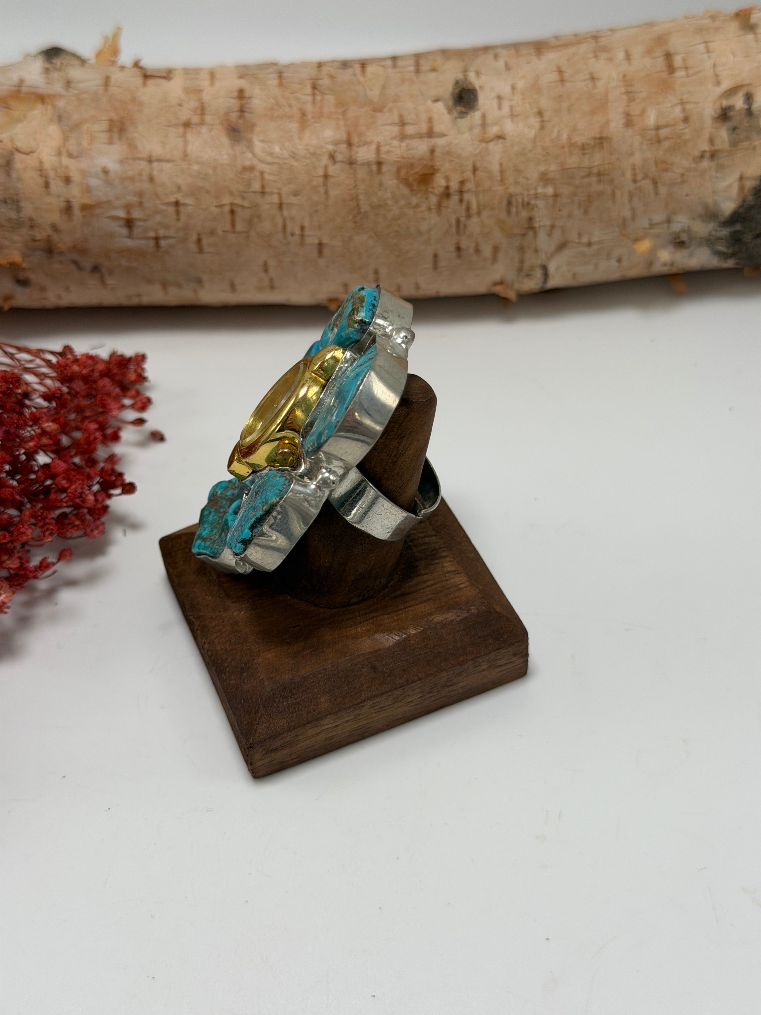 Turquoise & Gold Tick Tock Watch Ring 2