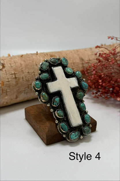Turquoise & Bone Cross Ring
