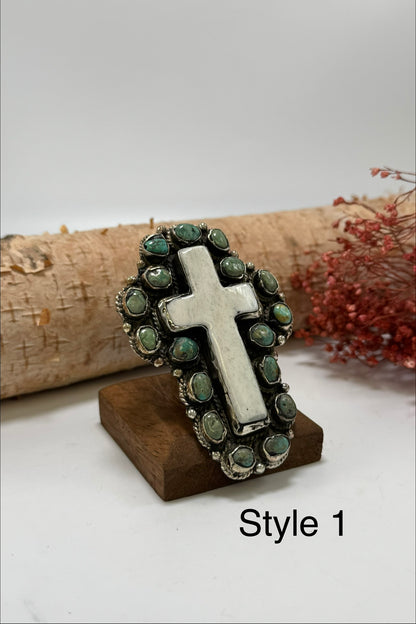 Turquoise & Bone Cross Ring