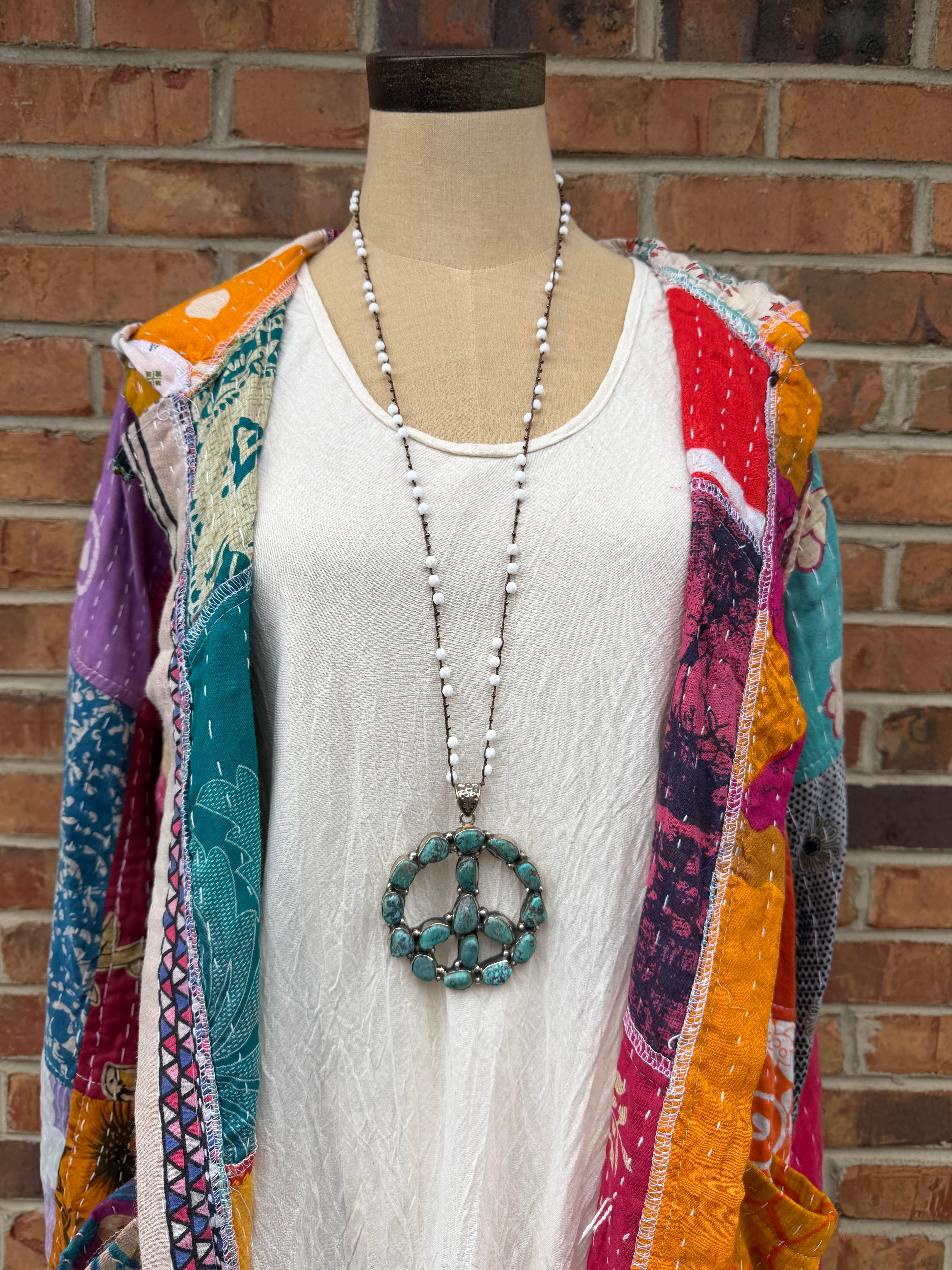 Peace Sign Necklace on Knotted Gemstone Chain