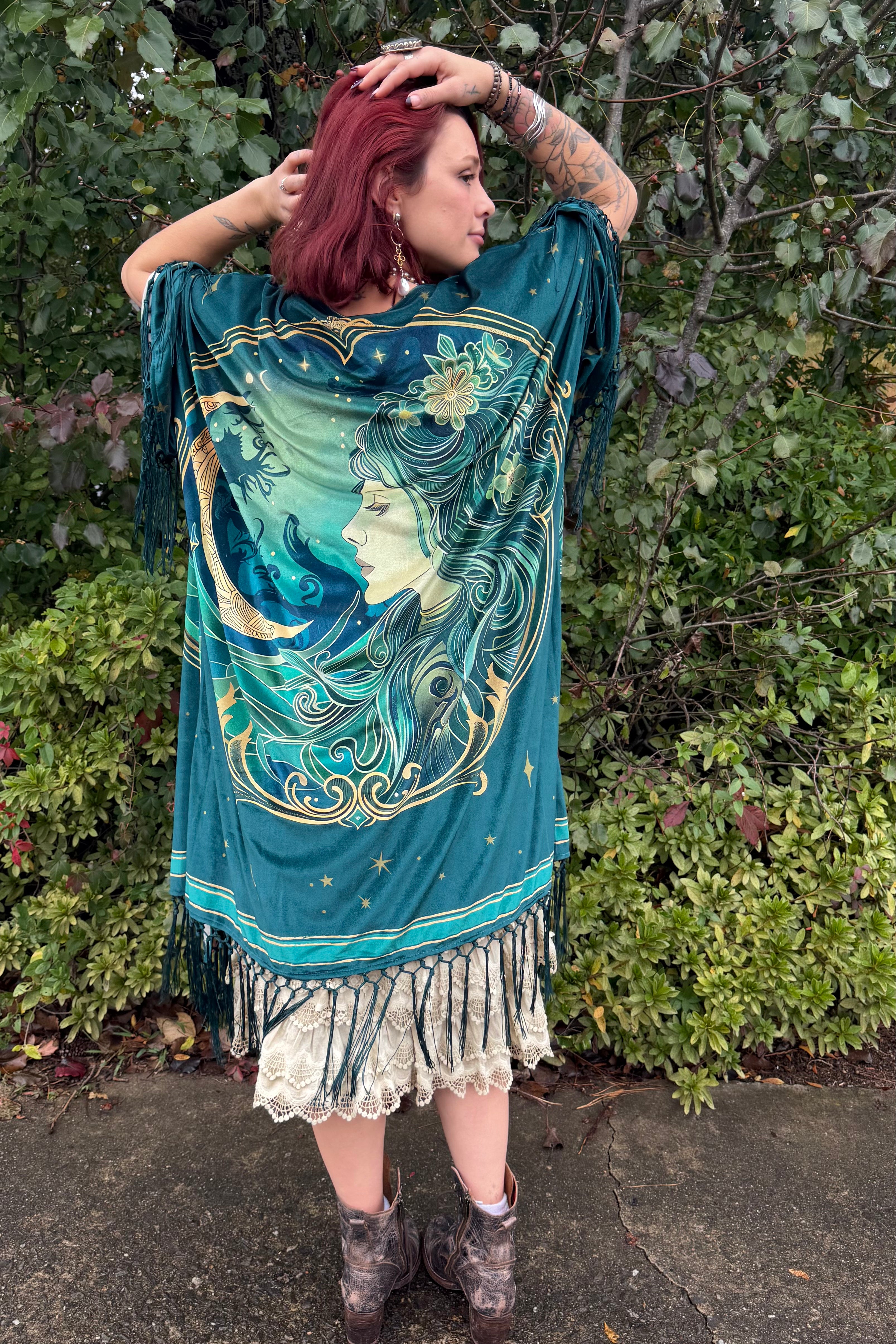 Final Sale - Unique Vintage 1930s Green Art Nouveau Fringe Kimono: One Size