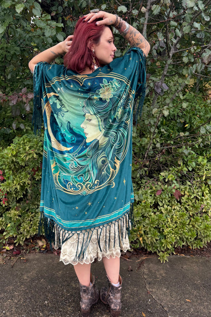 Final Sale - Unique Vintage 1930s Green Art Nouveau Fringe Kimono: One Size