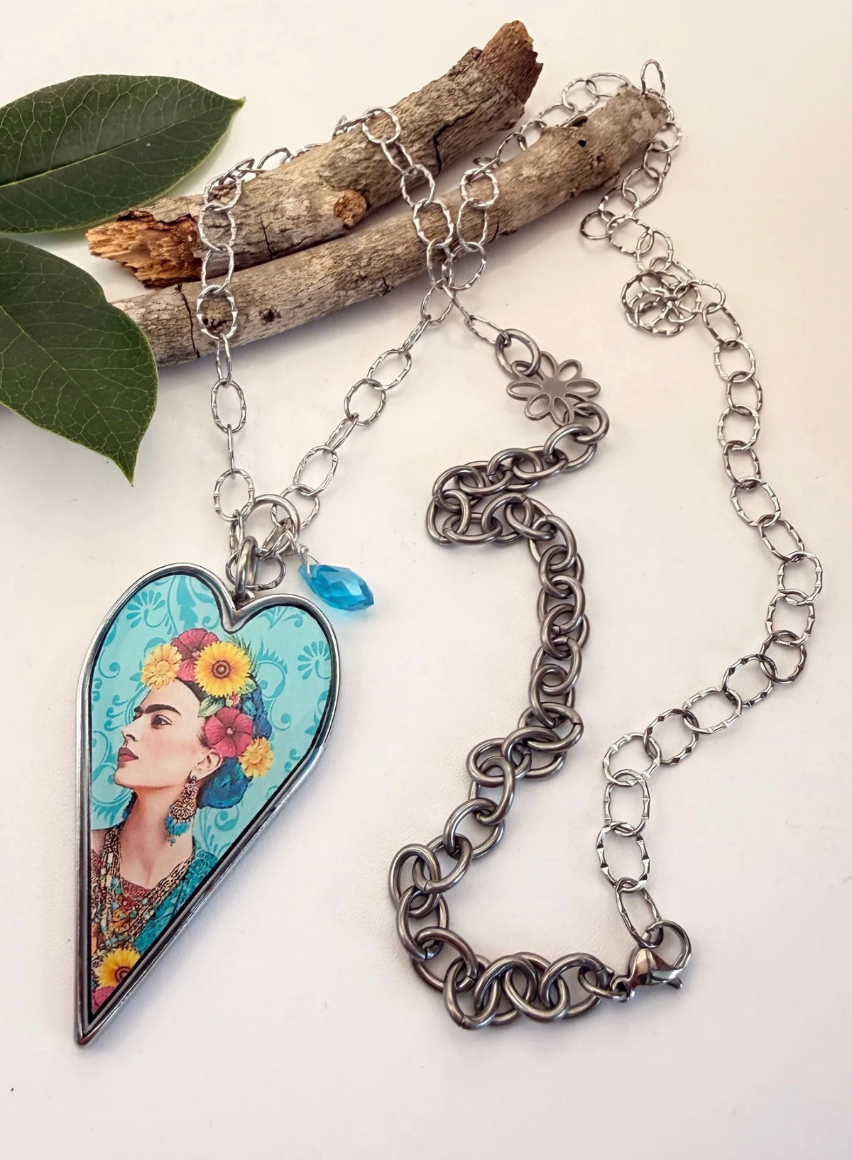 Spirit Lala: Long Heart Blue Floral Frida Necklace