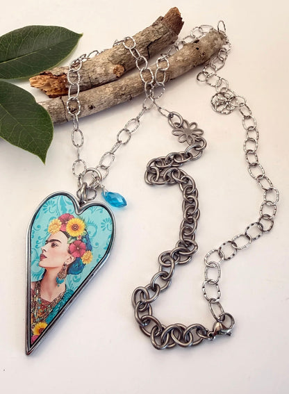 Spirit Lala: Long Heart Blue Floral Frida Necklace