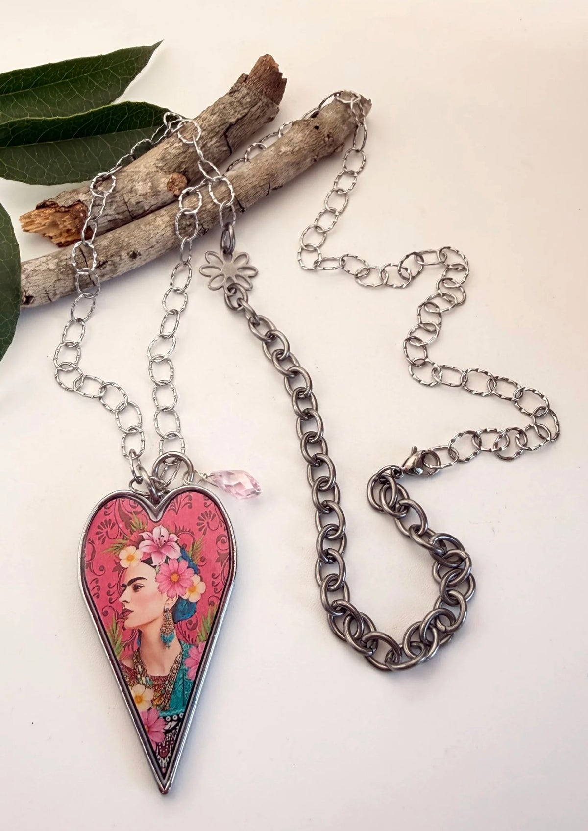 Spirit Lala: Long Heart Pink Floral Frida Necklace