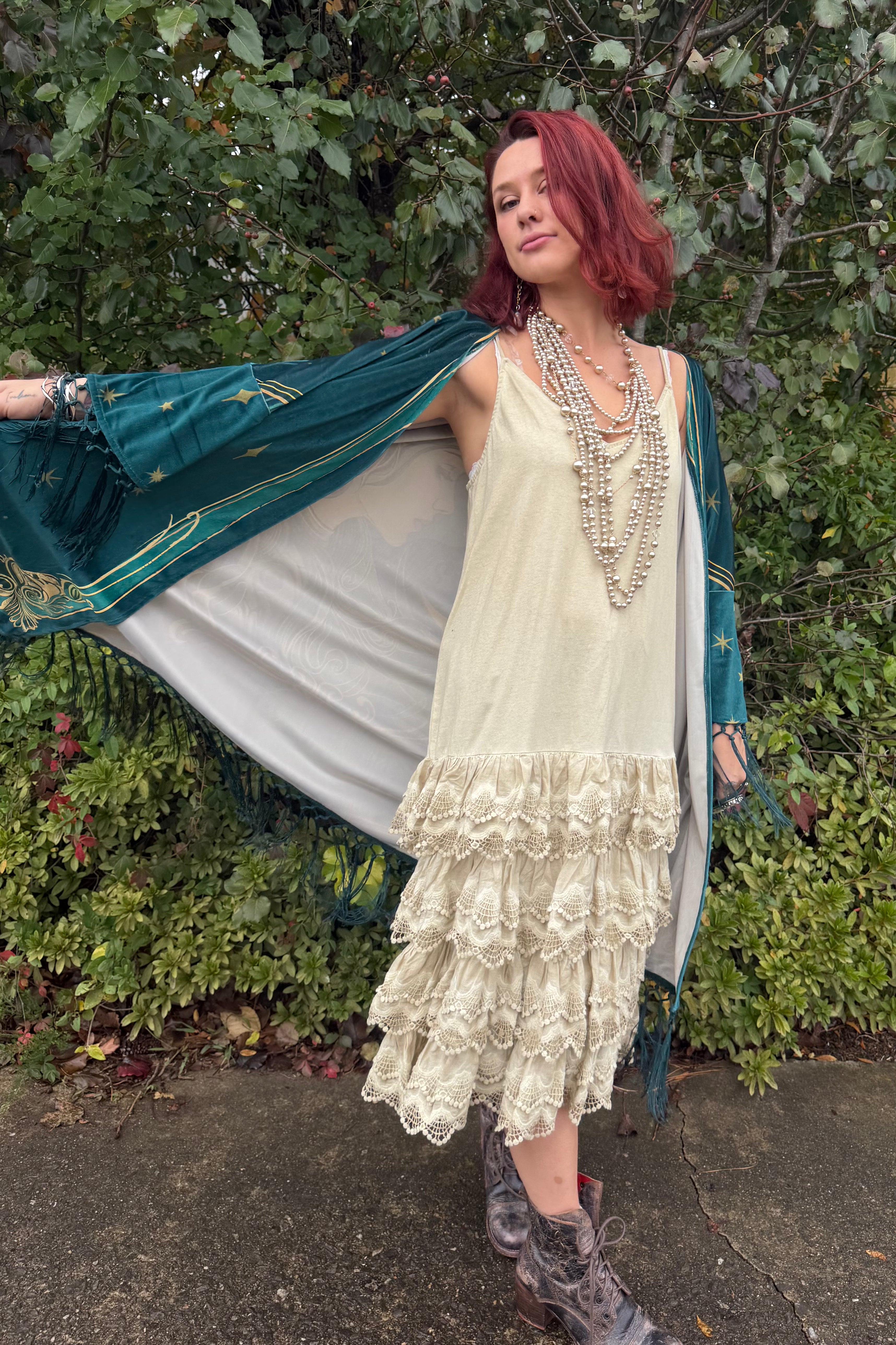 Final Sale - Unique Vintage 1930s Green Art Nouveau Fringe Kimono: One Size