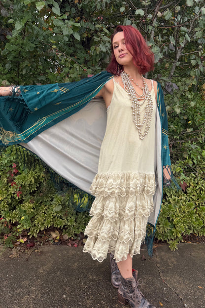 Final Sale - Unique Vintage 1930s Green Art Nouveau Fringe Kimono: One Size