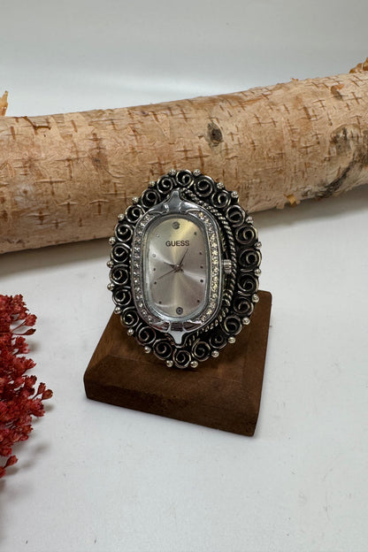 Silver Guess Swirled Watch Ring