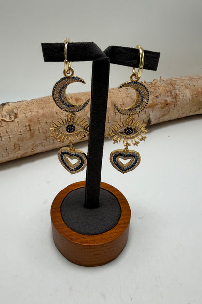 Crescent Moon Heart Drop Earrings