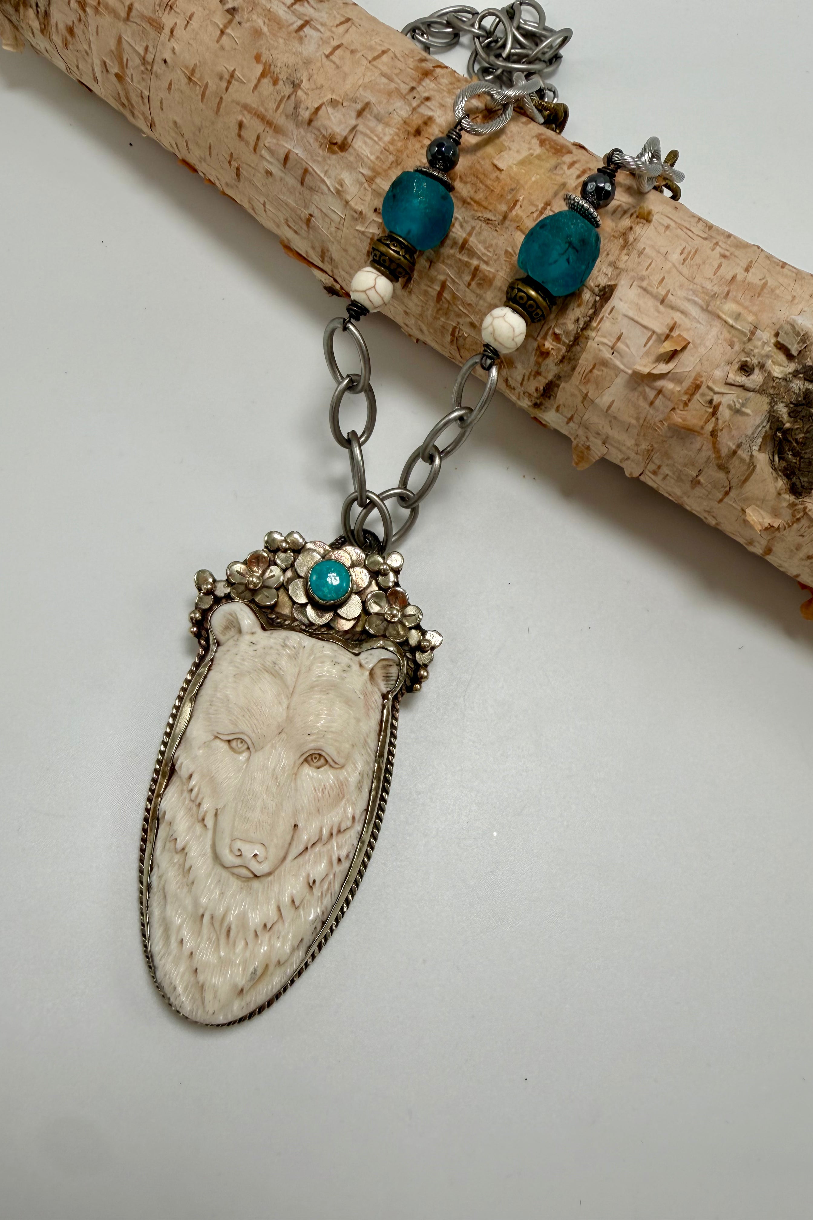 Lone Wolf Carved Statement Necklace w/ Turquoise