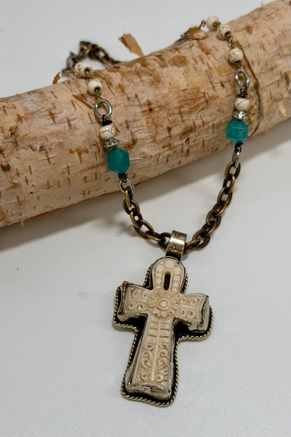 Etched Cross Blue Statement Necklace