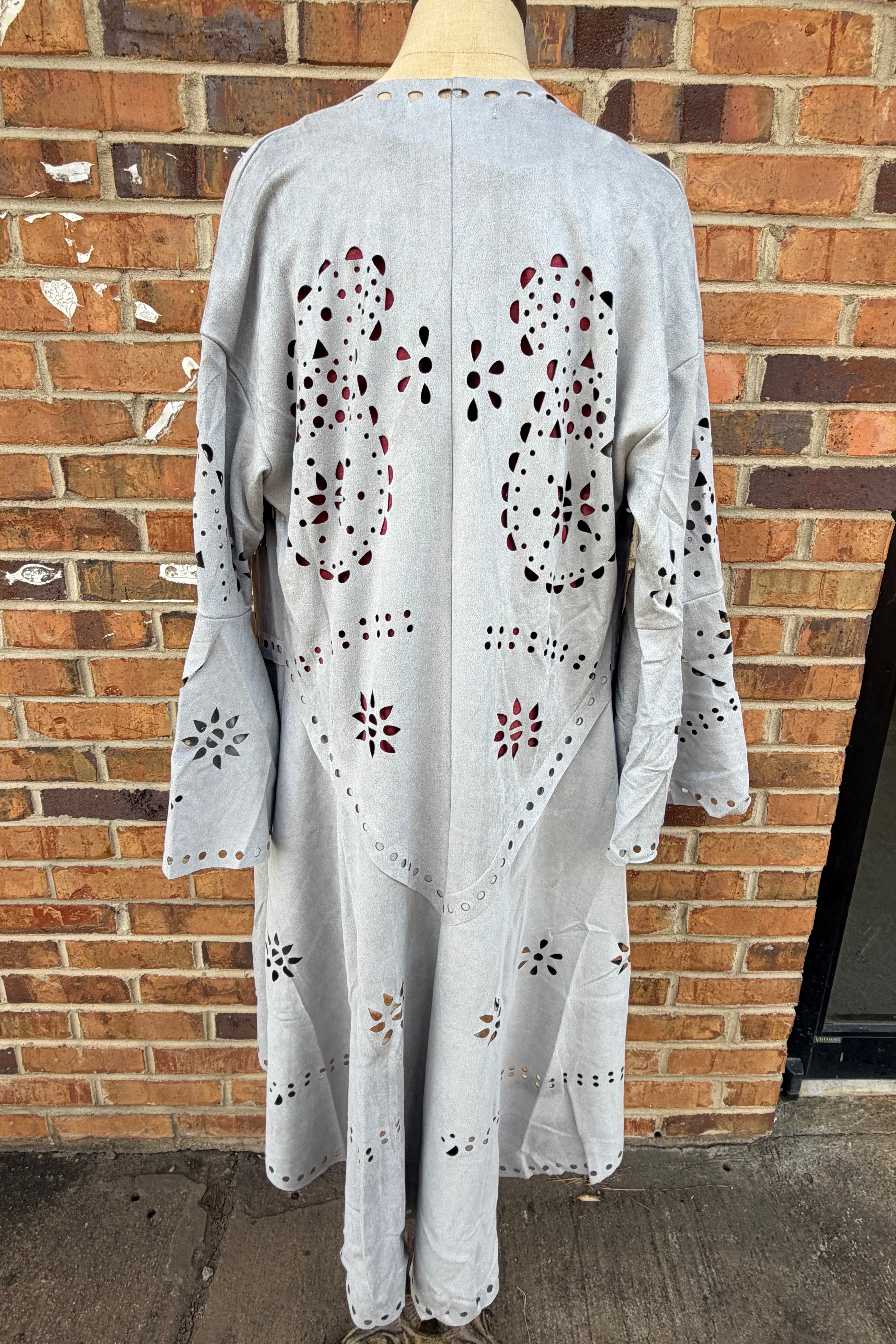 Heather Grey Laser-Cut Buttery Faux Suede With Fringe Trim Wild West