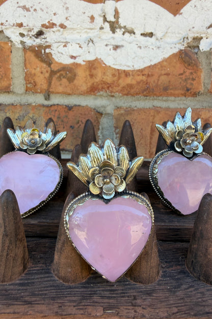 Pink Quartz Heart With Flower Ring