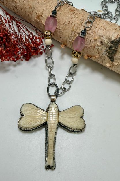Garden Trance Dragonfly Pink Glass Necklace