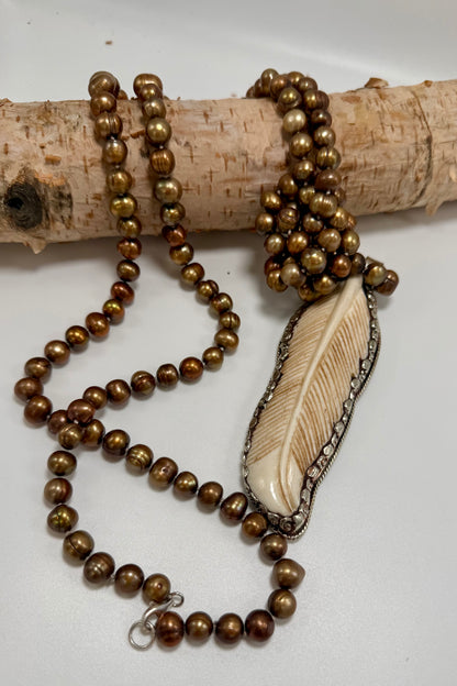 Flit & Flap Feather Long Pearl Necklace
