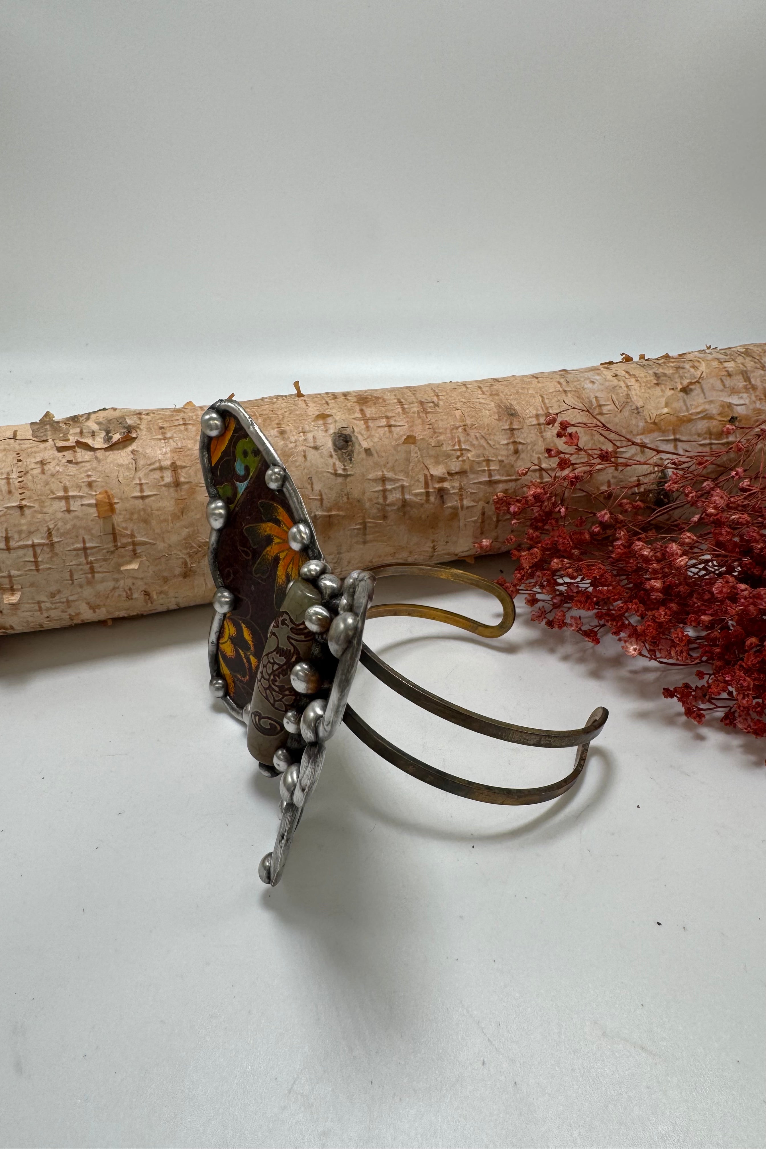 Butterfly Recycled Tin Cuff Bracelet w/ Gemstone Style 4
