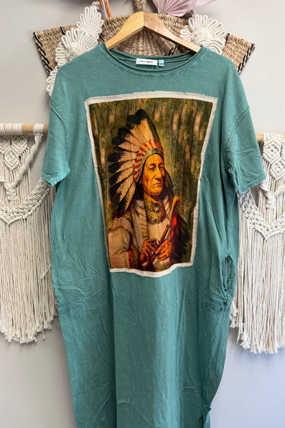 T-Shirt Dress with Patchwork Print of Sitting Bull