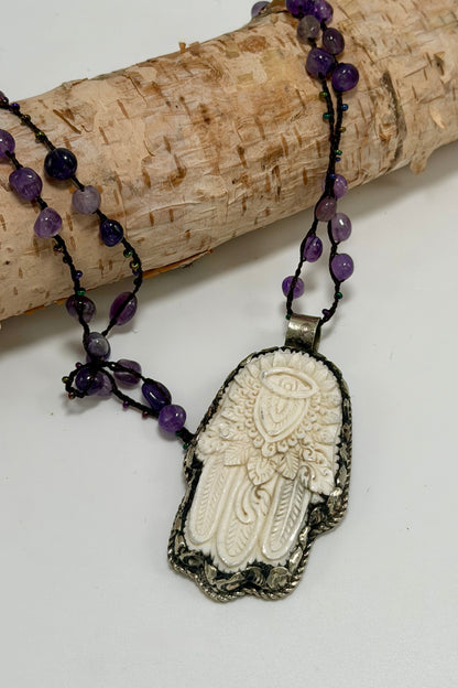 Hamsa Hand Necklace on Knotted Gemstone Chain