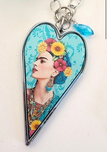 Spirit Lala: Long Heart Blue Floral Frida Necklace