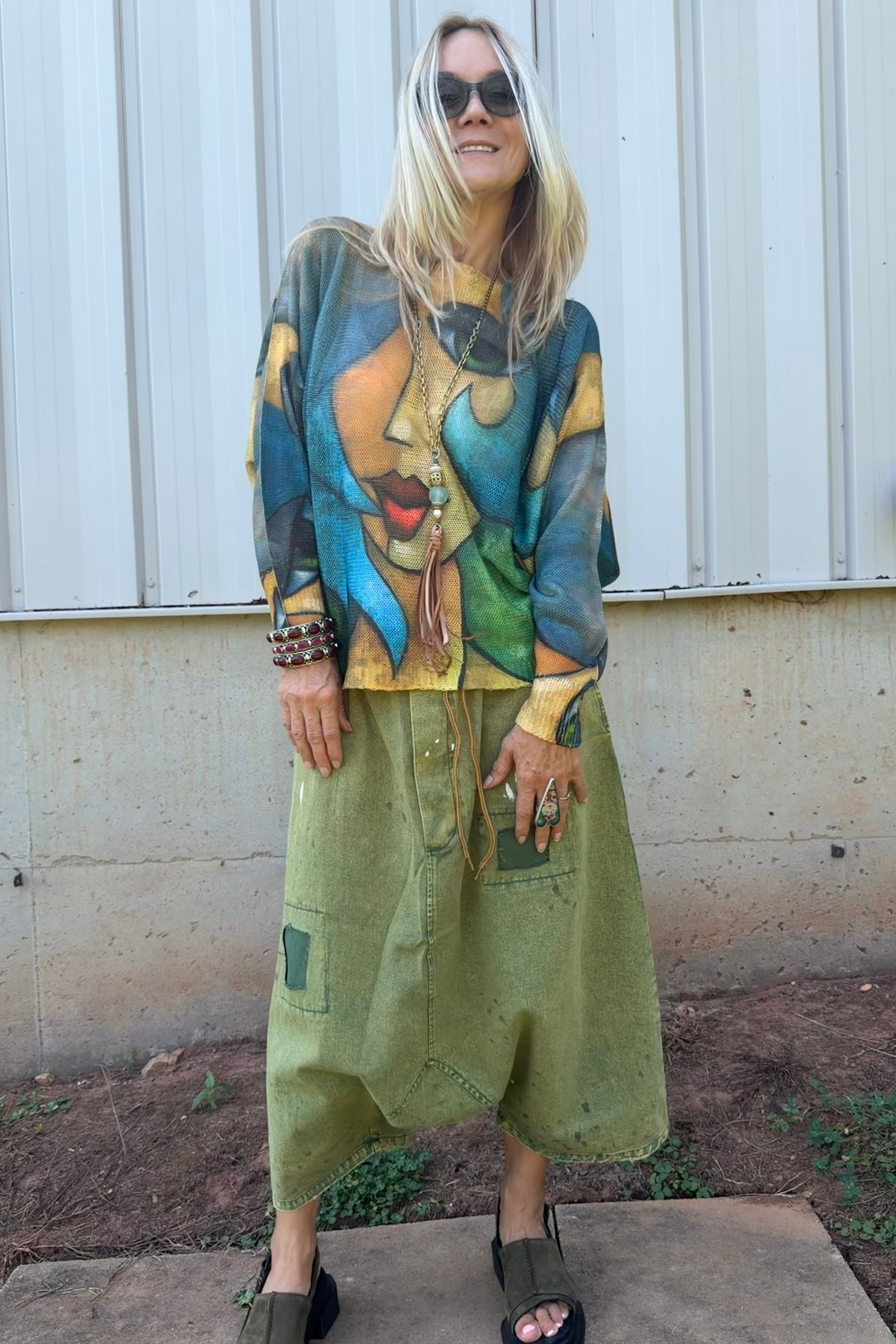 Blue " Picasso" V-Neck Knit Printed Sweater