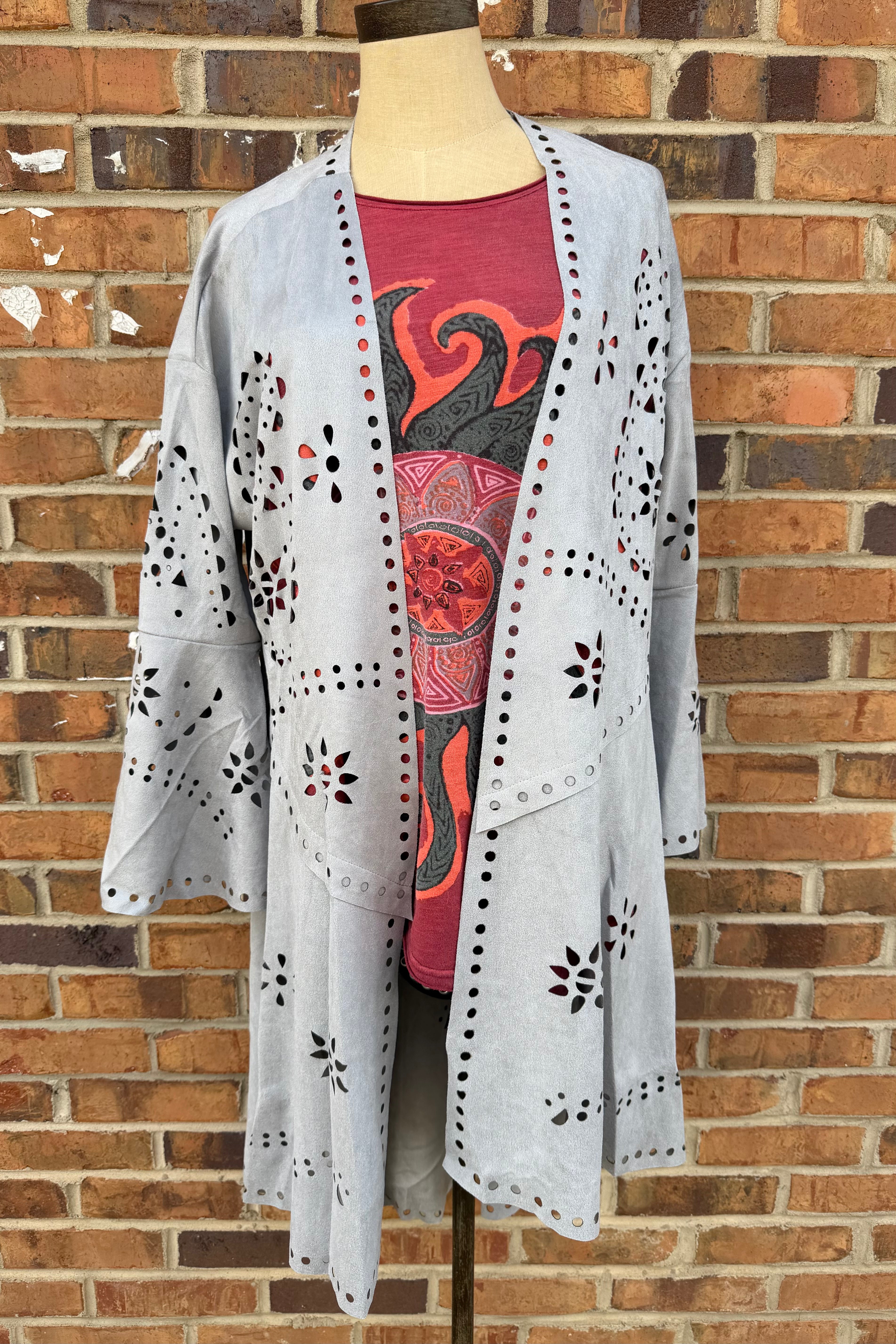 Heather Grey Laser-Cut Buttery Faux Suede With Fringe Trim Wild West