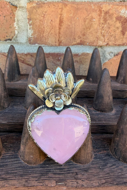 Pink Quartz Heart With Flower Ring