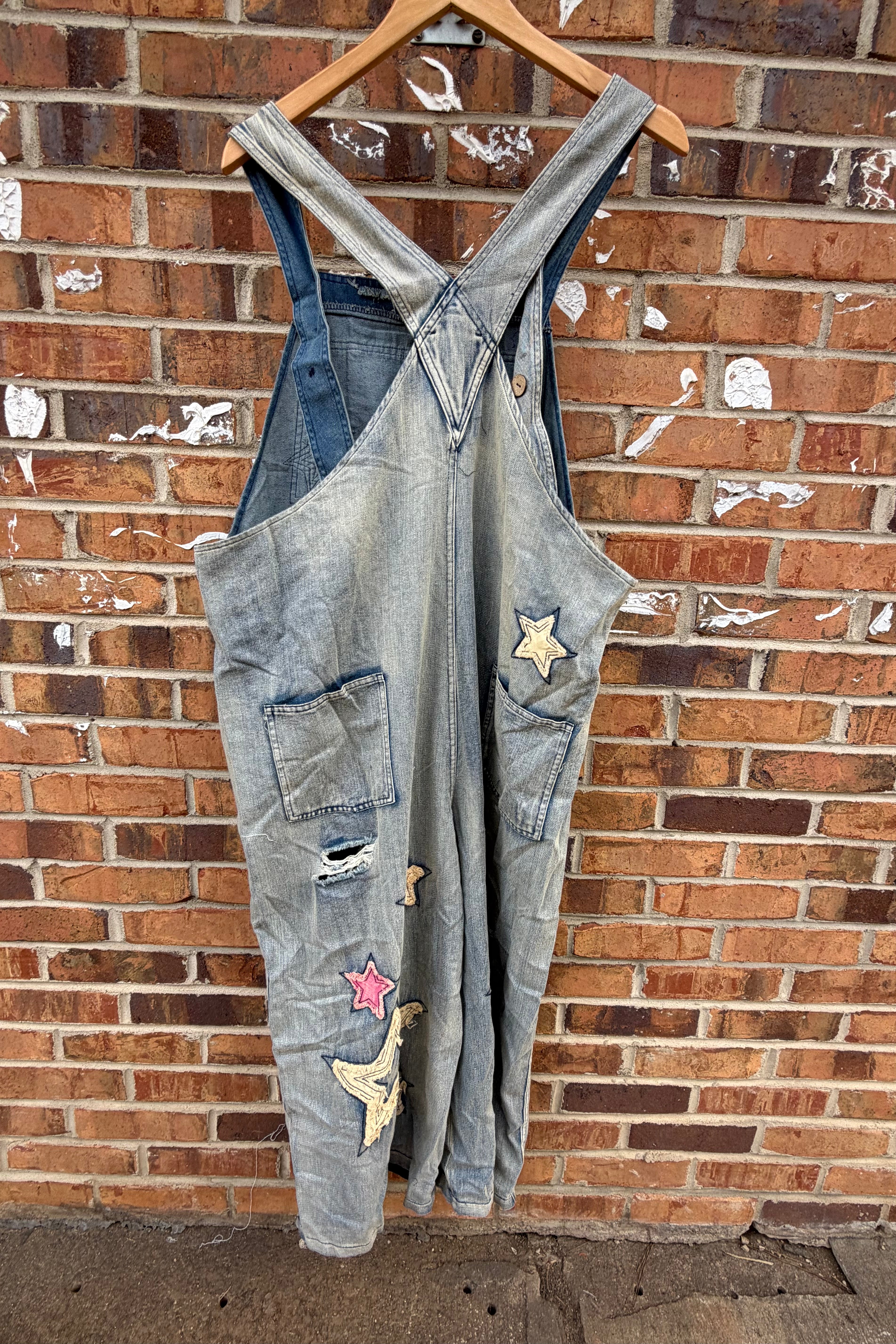 FINAL SALE Denim Star Patchwork Distress Jumpsuit