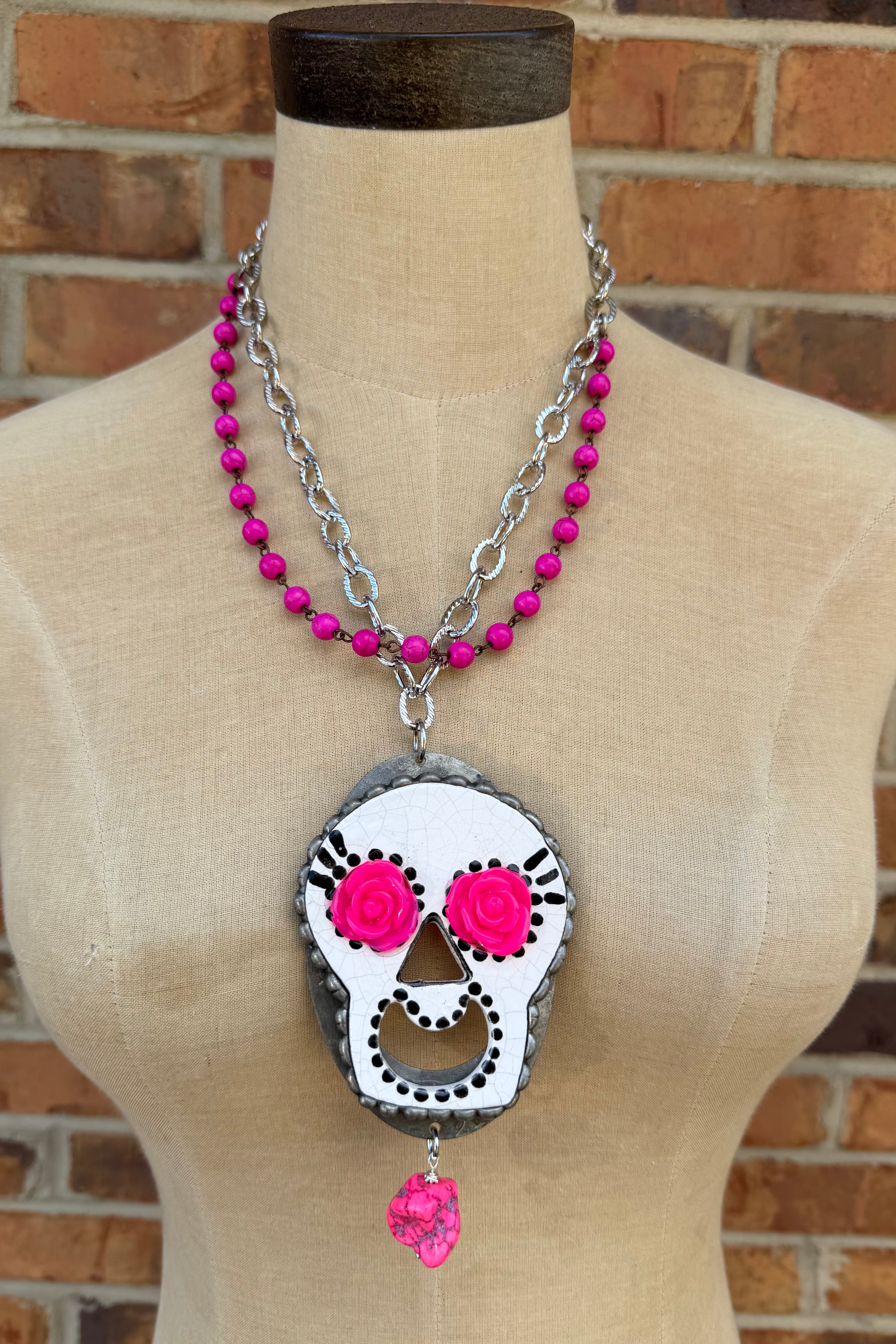 Skull with Rose Eyes Necklace