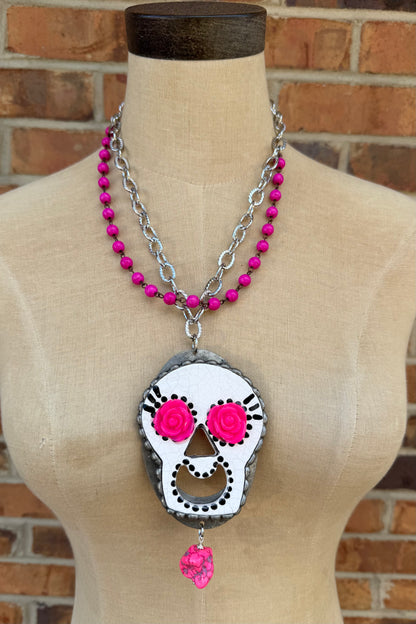 Skull with Rose Eyes Necklace
