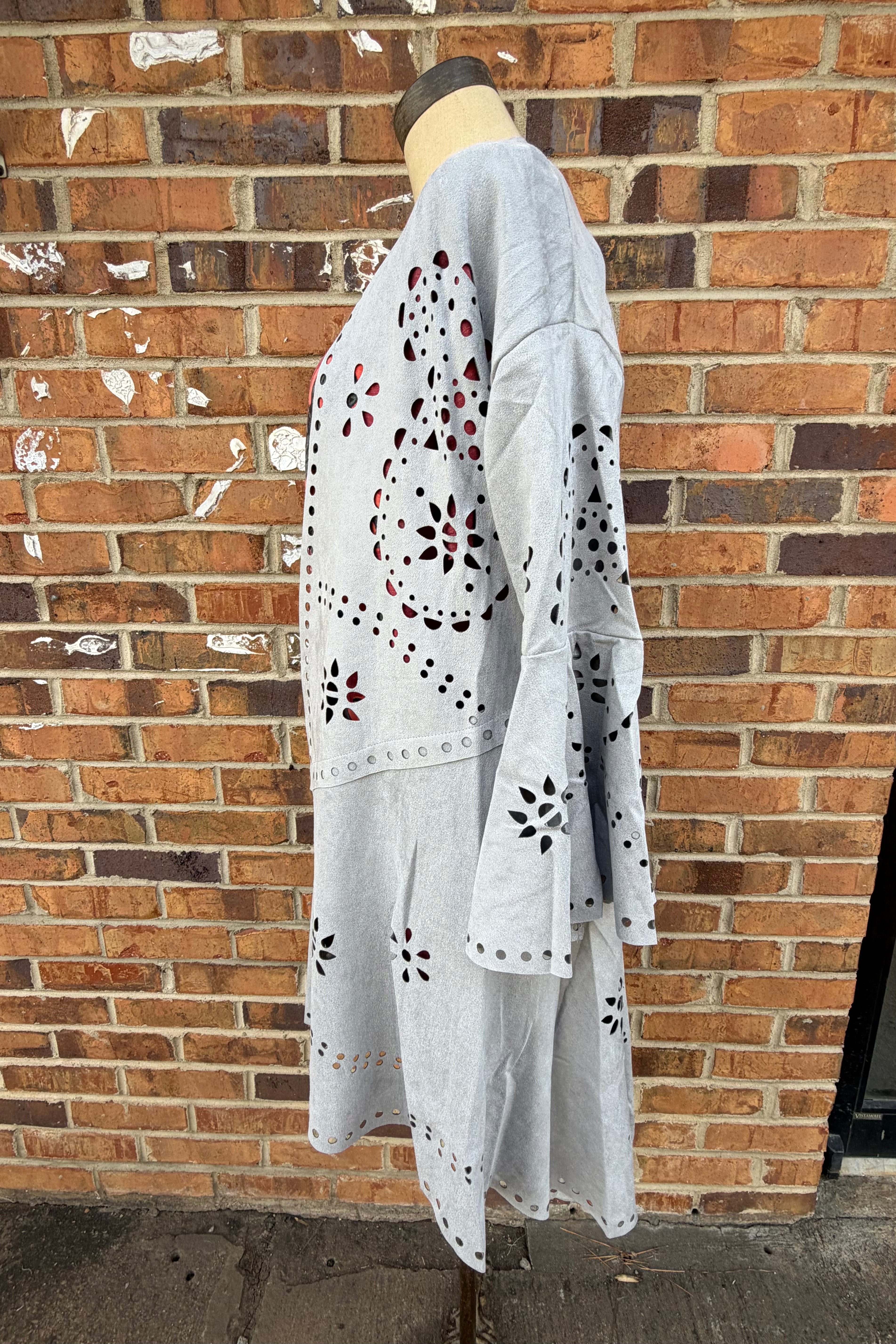 Heather Grey Laser-Cut Buttery Faux Suede With Fringe Trim Wild West