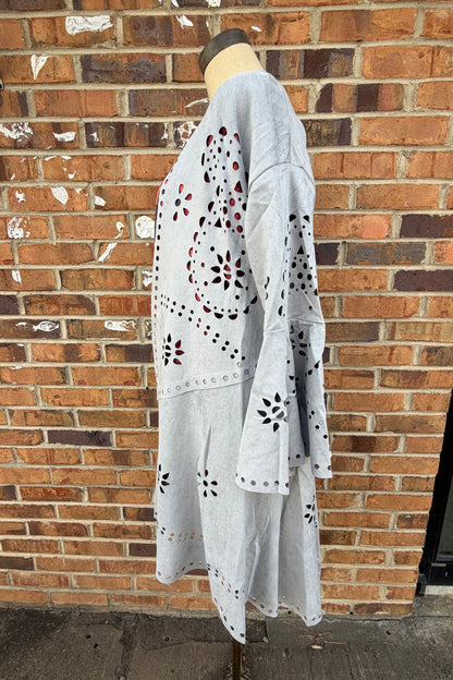 Heather Grey Laser-Cut Buttery Faux Suede With Fringe Trim Wild West