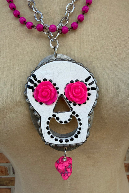 Skull with Rose Eyes Necklace