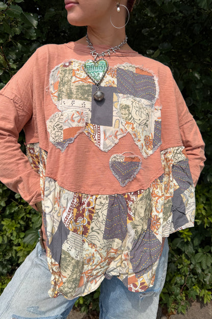 Hearted Mixed Fabric Top