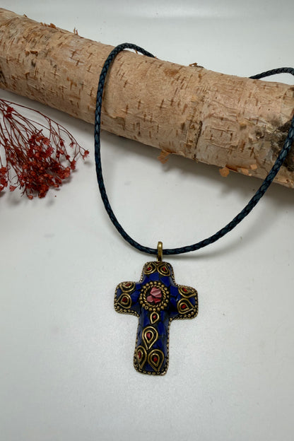 Blue Mosaic Cross Choker