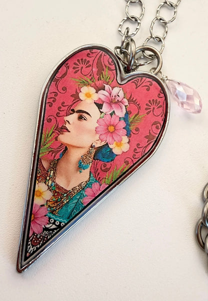 Spirit Lala: Long Heart Pink Floral Frida Necklace