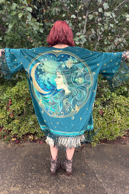 Final Sale - Unique Vintage 1930s Green Art Nouveau Fringe Kimono: One Size
