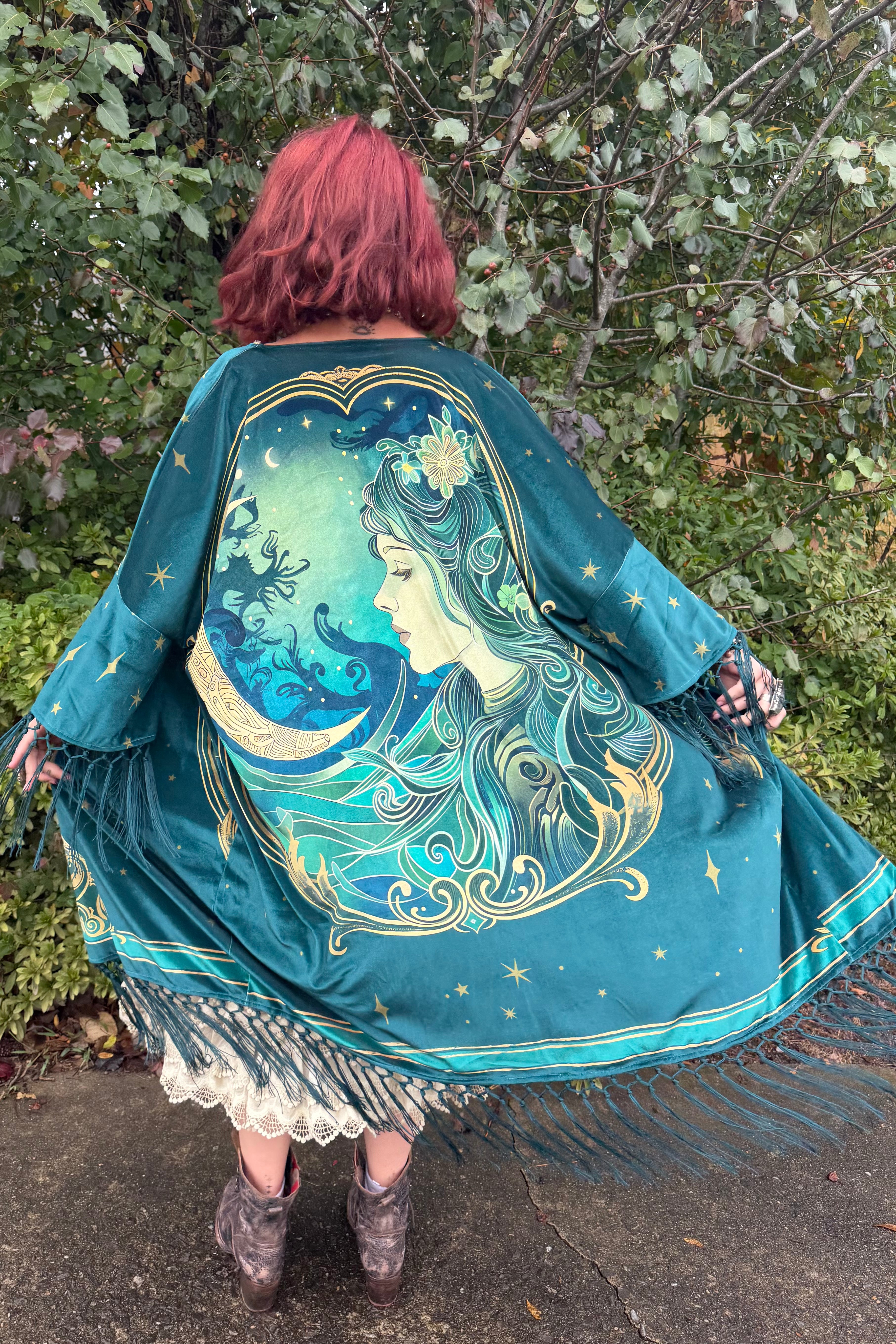 Final Sale - Unique Vintage 1930s Green Art Nouveau Fringe Kimono: One Size