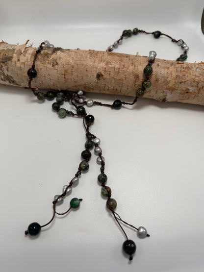 Long Freshwater Pearl & Gemstone Silk Lariat Necklace